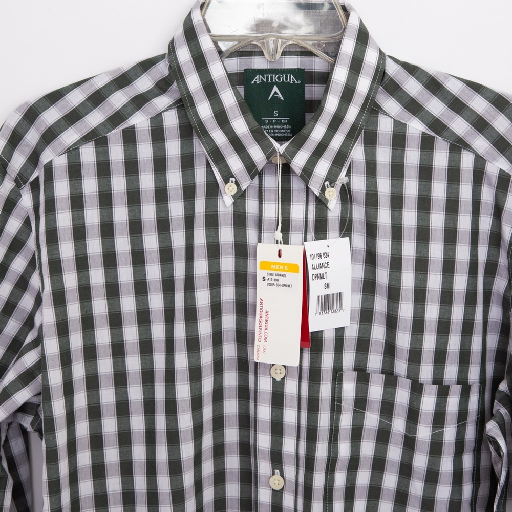 Plaid button down mens S by Antigua hunter green, gray, & white